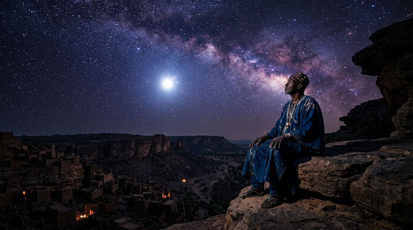 A lone figure in the Bandiagara Escarpment at night, gazing up at a brilliantly glowing Sirius