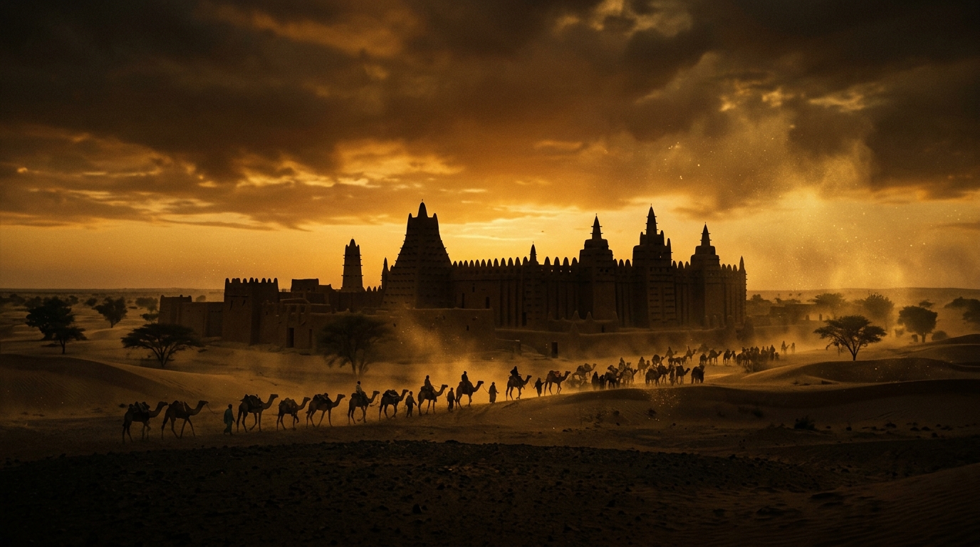 The Great Mosque of Timbuktu silhouetted against a golden sky, camel caravans passing below