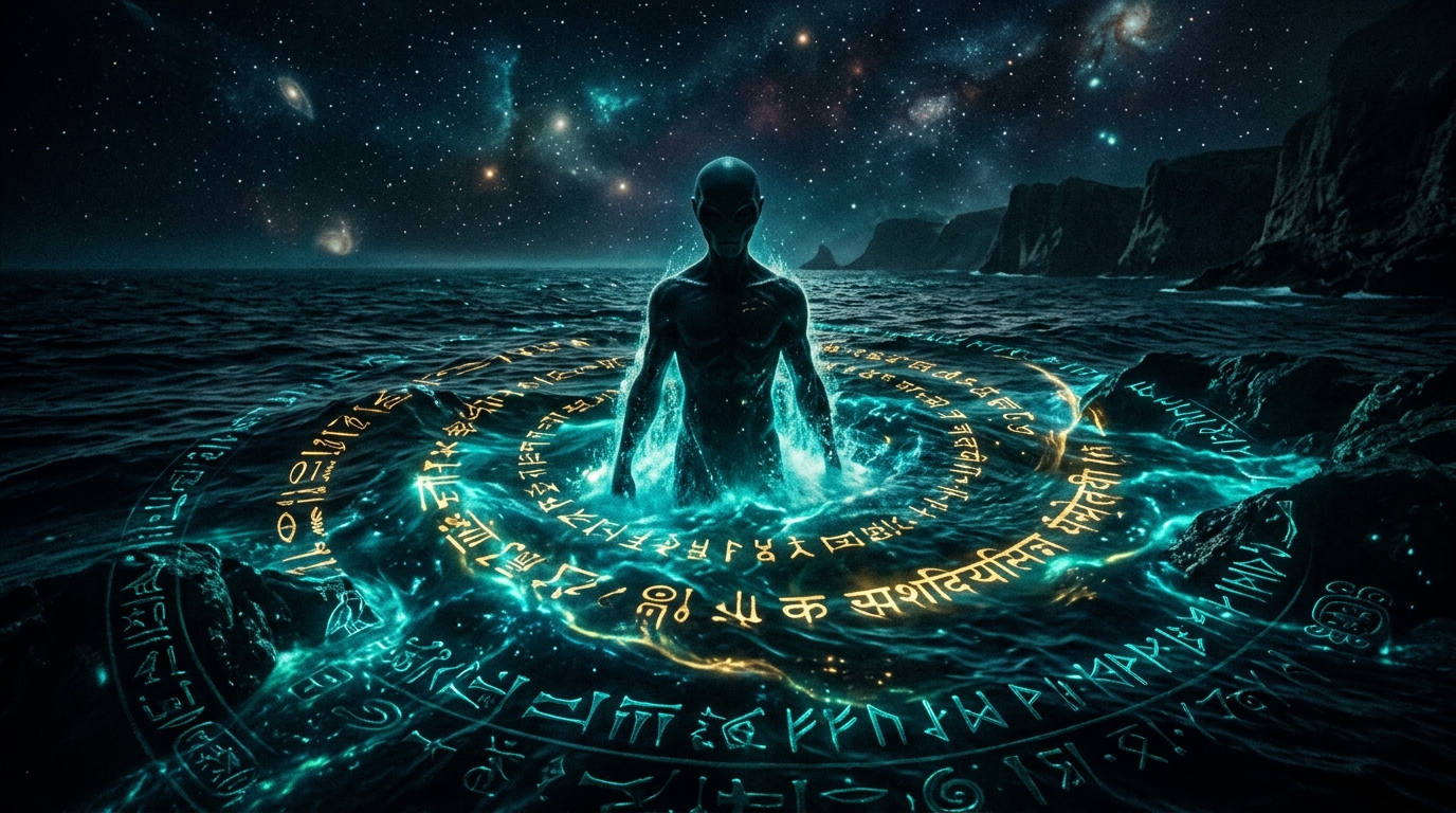 A humanoid figure emerging from a bioluminescent ocean at night, surrounded by ancient glowing symbols