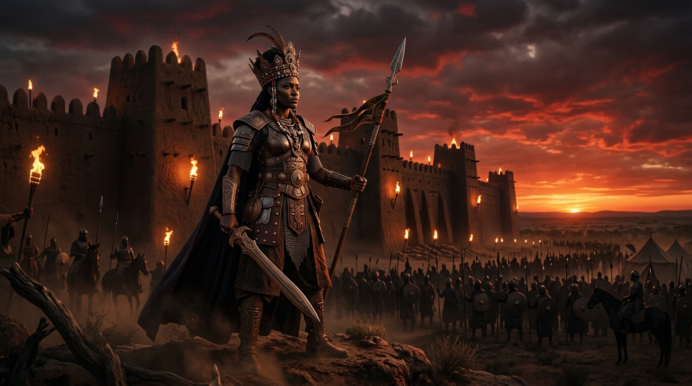 A warrior queen standing before fortress walls at a crimson dusk, army gathered behind her